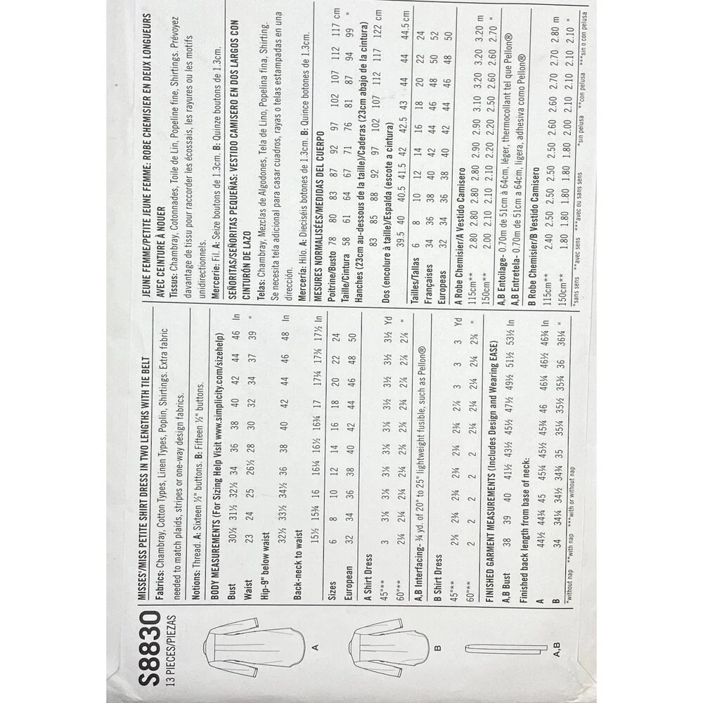 Simplicity S8830 Mimi G Style Shirt Dress Tunic Pattern Size 16-24 U5 UNCUT